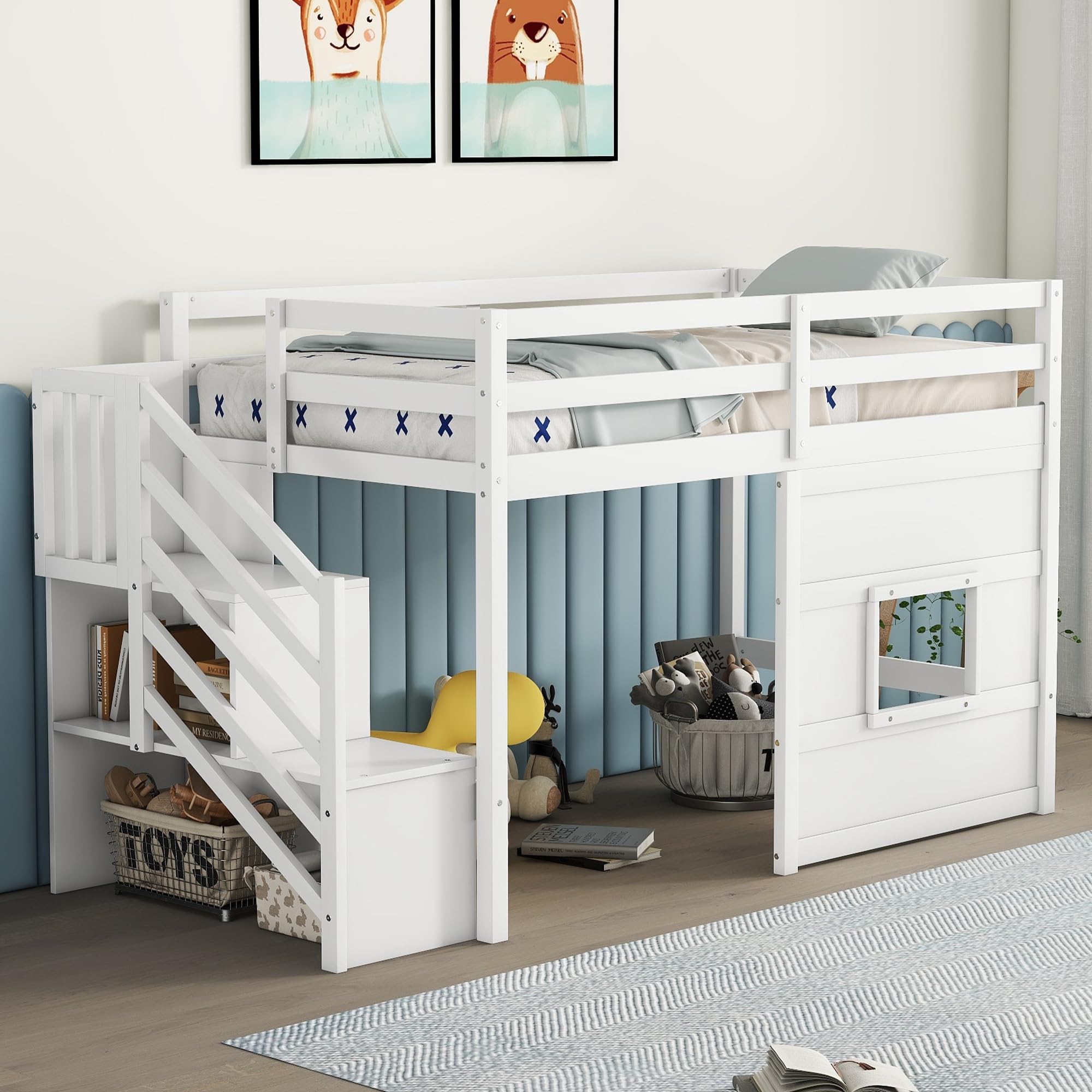 Harper & Bright Designs Twin Size Low Loft Bed with Stairs,Wood Loft Bed for Kids,Loft Bed Twin with Window Design, Space-Saving Twin Bed for Girls Boys,White