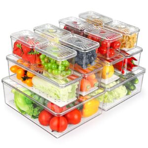 14 pack fridge organizers bins and storage, pba free refrigerator organizer bins with lids, stackable food storage organizer bins for kitchen, countertops, cabinets, fridge, drinks, fruits, vegetable