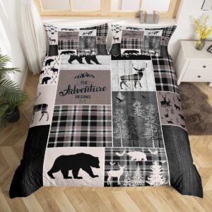 erosebridal rustic cabin comforter cover twin size, hunting bear deer duvet cover vintage farmhouse bedding set camper lodge room decor, vintage plaid tree quilt cover with 1 pillow case,gray brown