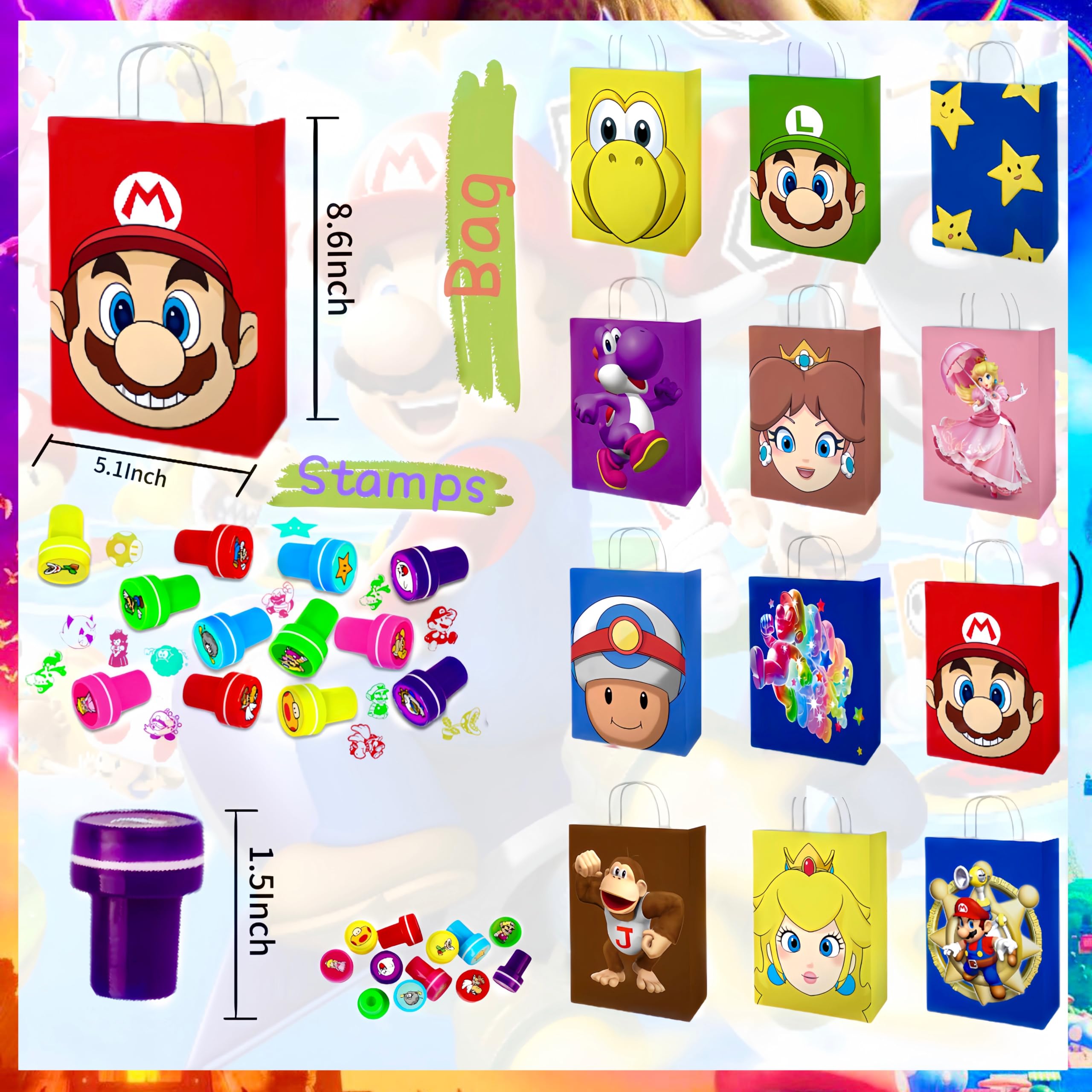 Mario Party Favors,98Pcs Mario Birthday Party Supplies include Goodie Bags,Felt Masks,Stamps,Slap Bracelets,Stickers,Classroom Rewards,Carnival Prizes,Party Activities,Themed Goodie Bags Stuffers