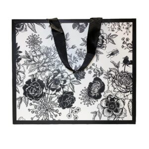 13" Black and White Vintage Floral Gift Bag, Medium Large