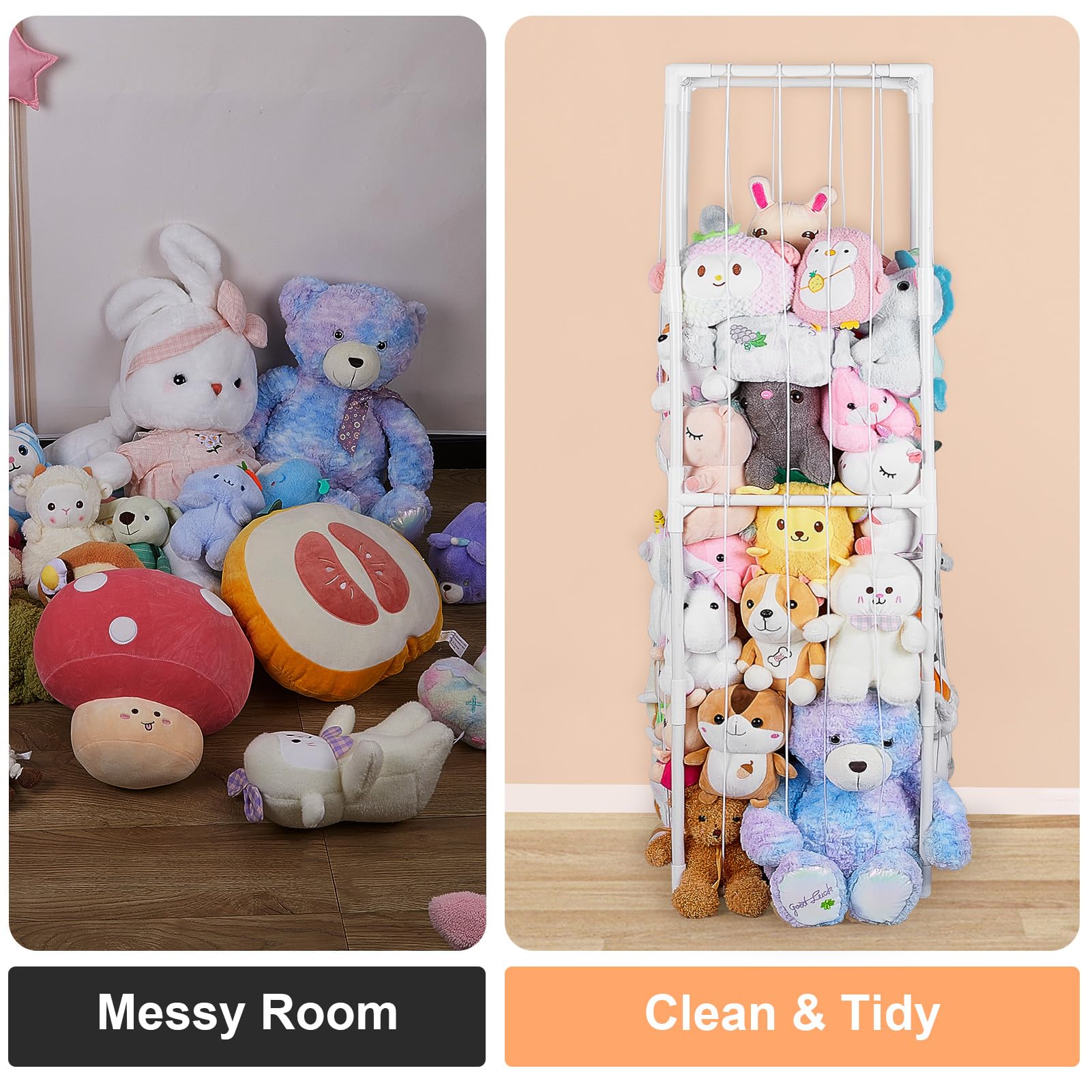 FIOBEE Stuffed Animals Zoo Storage Stuffed Animals Holder Organizer Large Toy Storage Shelf with Elastic Band Stuffed Animals Cage for Nursery Playroom Bedroom Room Furniture, White, L