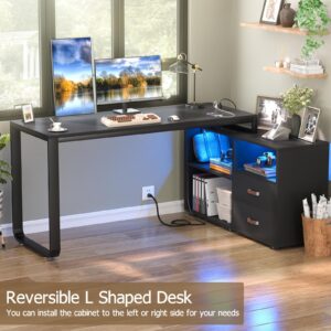 Homieasy L Shaped Desk with File Cabinet & Power Outlet, Reversible 55 Inch Large Corner Computer Desks with LED Strip, L-Shaped Computer Desk with Drawers and Storage Shelves, Black