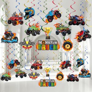 capoda 54 pieces monster truck hanging foil swirls truck birthday party decoration set truck theme paper hanging cutouts for boys car transportation party supplies baby shower home wall ceiling decor