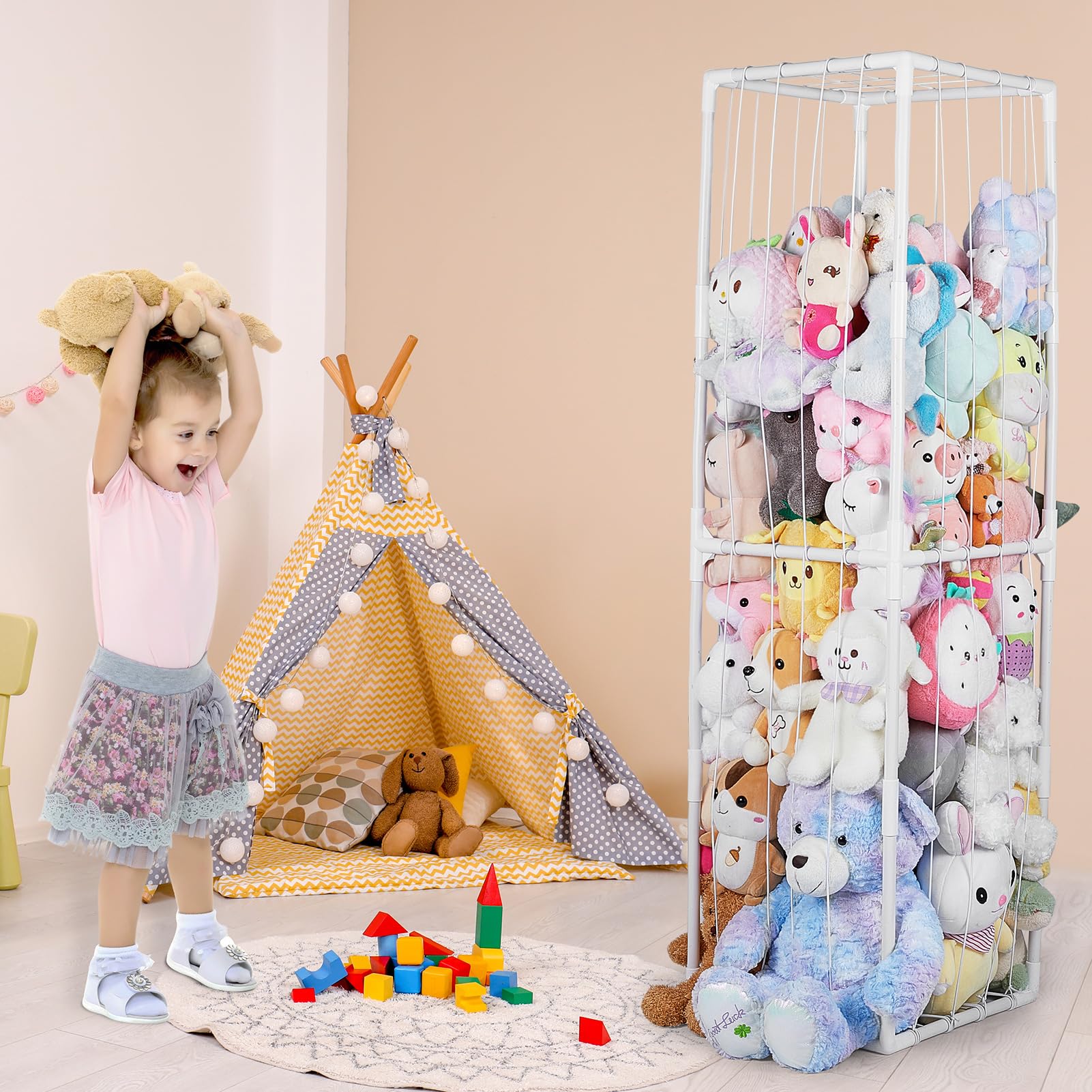 FIOBEE Stuffed Animals Zoo Storage Stuffed Animals Holder Organizer Large Toy Storage Shelf with Elastic Band Stuffed Animals Cage for Nursery Playroom Bedroom Room Furniture, White, L