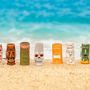 LEMONSODA Hard-Carved and Hand-Painted Tiki Mugs Assorted Cocktail Set of 8 - Ceramic Hawaiian Luau Party Mugs Drinkware, Cute Exotic Cocktail Glasses, Tiki Bar Hawaiian Party Barware - 18-23.5oz