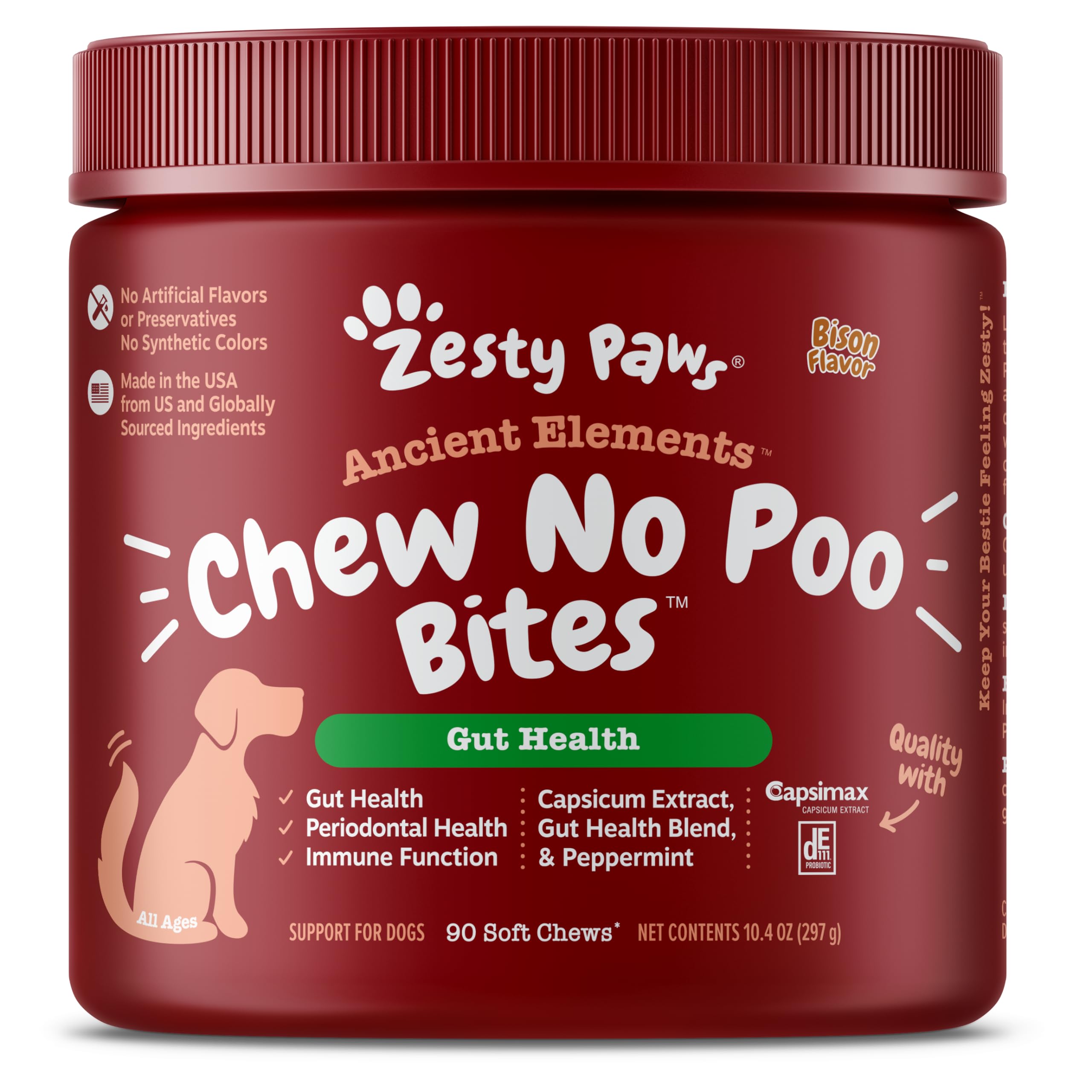 Zesty Paws Chew No Poo Bites for Dogs - Stool Eating Deterrent Soft Chews for Dogs - Gut, Periodontal & Immune System Support - Premium DE111 Bacillus subtilis Probiotic - AE Bison - 90 Count