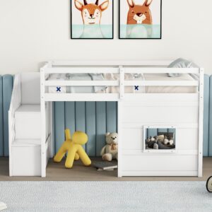 Harper & Bright Designs Twin Size Low Loft Bed with Stairs,Wood Loft Bed for Kids,Loft Bed Twin with Window Design, Space-Saving Twin Bed for Girls Boys,White