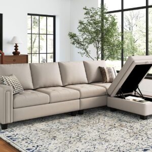 Belffin Faux Leather Convertible Sectional Sofa Couch L Shaped Couch Sofa with Reversible Chaise Leather Corner Sectional 4 Seat Sofa with Storage Ottoman Beige