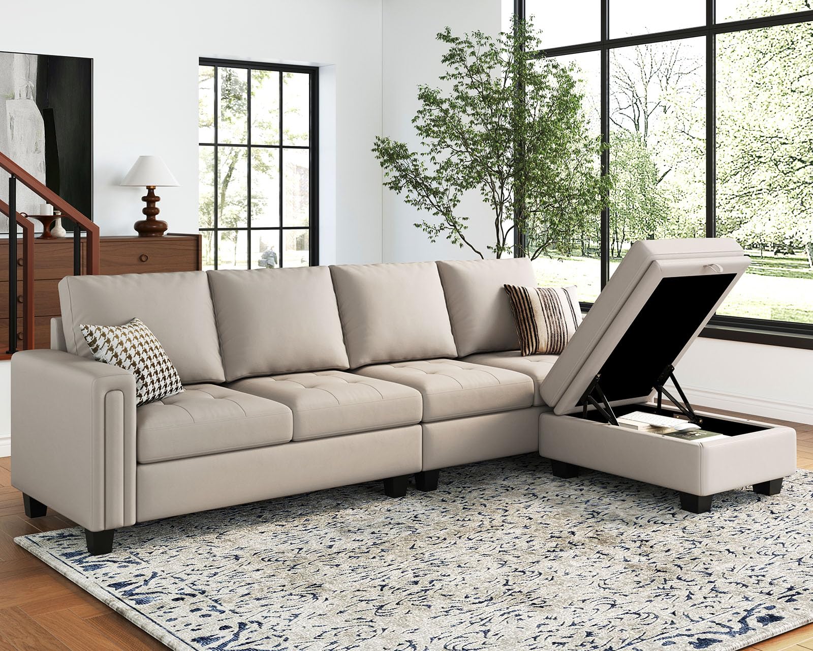 Belffin Faux Leather Convertible Sectional Sofa Couch L Shaped Couch Sofa with Reversible Chaise Leather Corner Sectional 4 Seat Sofa with Storage Ottoman Beige