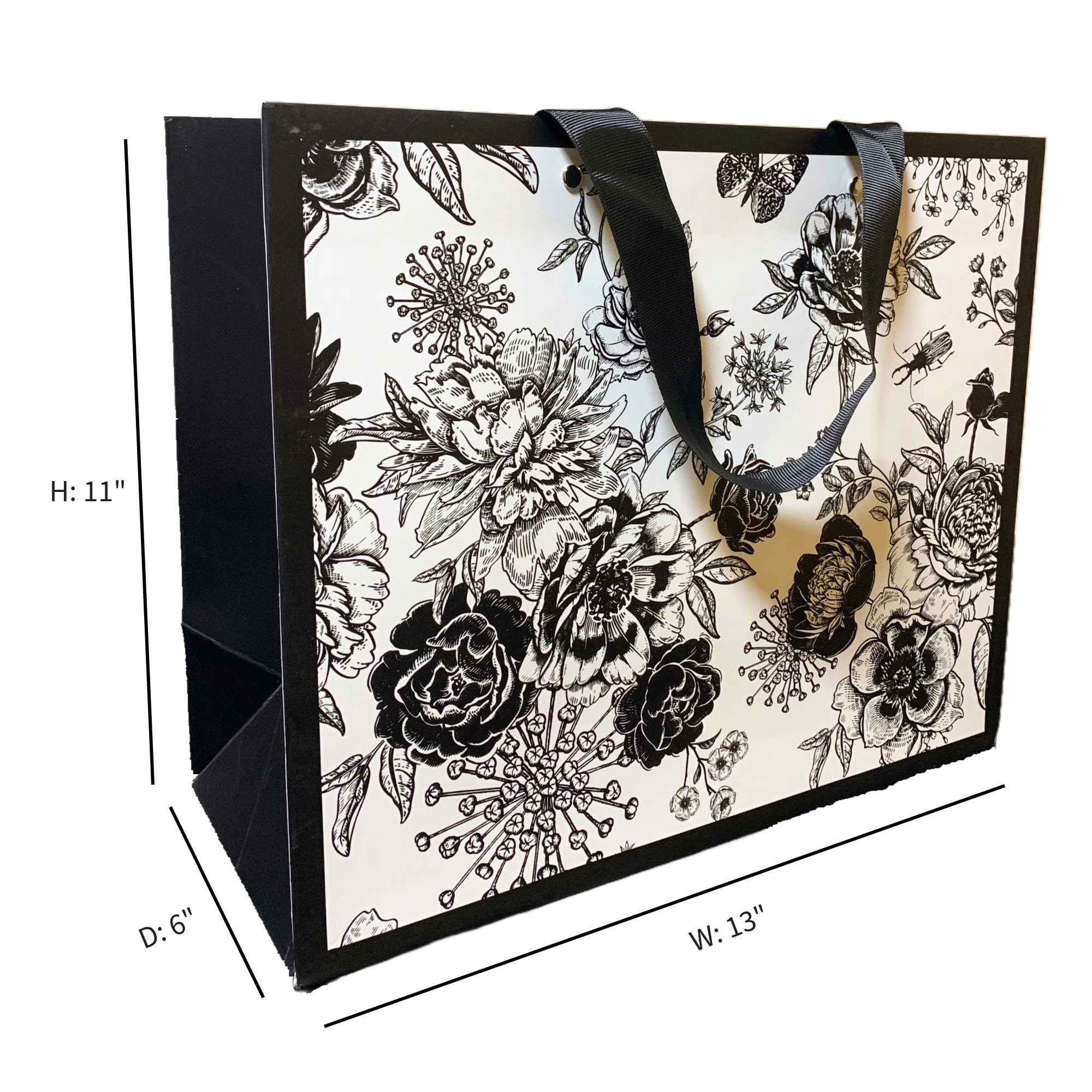 13" Black and White Vintage Floral Gift Bag, Medium Large