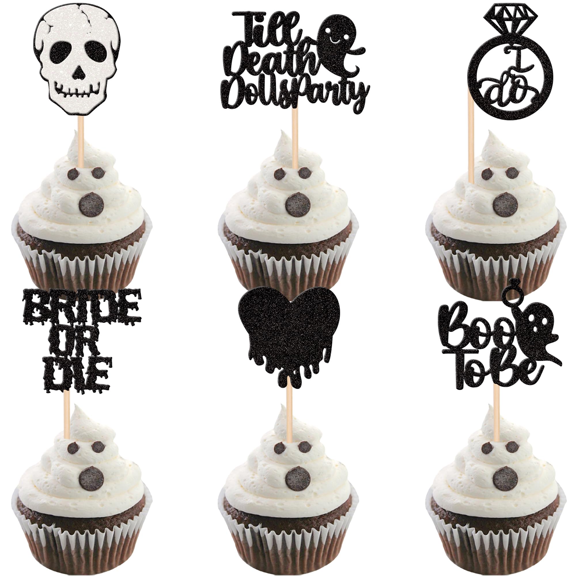 24 PCS Halloween Bachelor Party Cupcake Toppers Black Boo To Be Ring Bride Or Die Skull Bloody Heart I Do Cupcake Picks for Halloween Ghost Engagement Bachelorette Party Cake Decorations Supplies