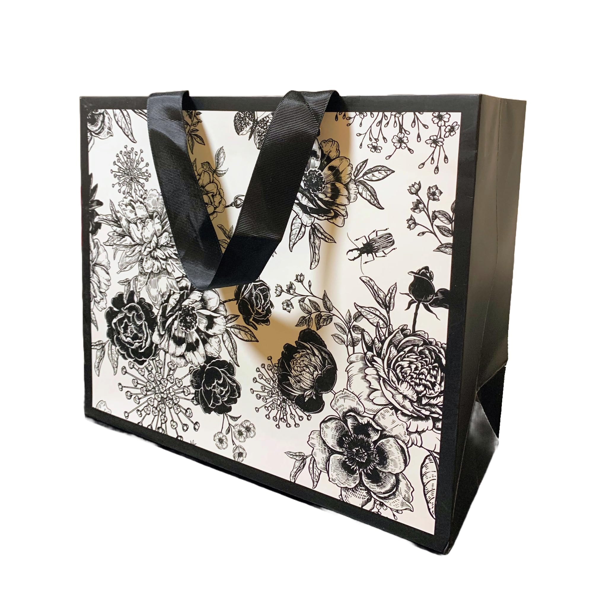 13" Black and White Vintage Floral Gift Bag, Medium Large