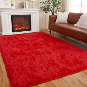 AMTOVO Area Rugs for Living Room, Fluffy Red 5x7 Clearance Bedroom Rug, Large Throw Shag Carpet for Nursery, Kids, Playroom Home Decor