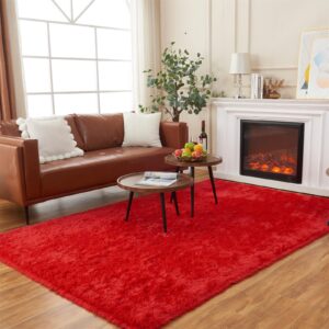 amtovo area rugs for living room, fluffy red 5x7 clearance bedroom rug, large throw shag carpet for nursery, kids, playroom home decor