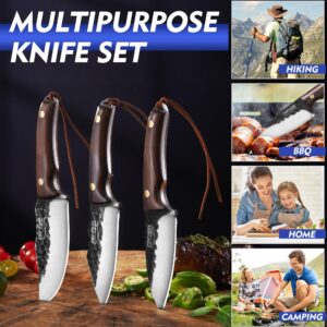 Topfeel 3PCS Viking Knife Set with Sheath Hand Forged Boning Knife Butcher Meat Cleaver Knife Japan Kitchen Knife for Home, Outdoor, BBQ, Camping Father Day