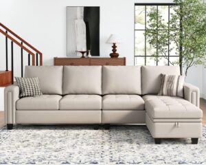 belffin faux leather convertible sectional sofa couch l shaped couch sofa with reversible chaise leather corner sectional 4 seat sofa with storage ottoman beige