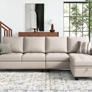 Belffin Faux Leather Convertible Sectional Sofa Couch L Shaped Couch Sofa with Reversible Chaise Leather Corner Sectional 4 Seat Sofa with Storage Ottoman Beige