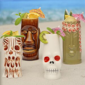 LEMONSODA Hard-Carved and Hand-Painted Tiki Mugs Assorted Cocktail Set of 8 - Ceramic Hawaiian Luau Party Mugs Drinkware, Cute Exotic Cocktail Glasses, Tiki Bar Hawaiian Party Barware - 18-23.5oz