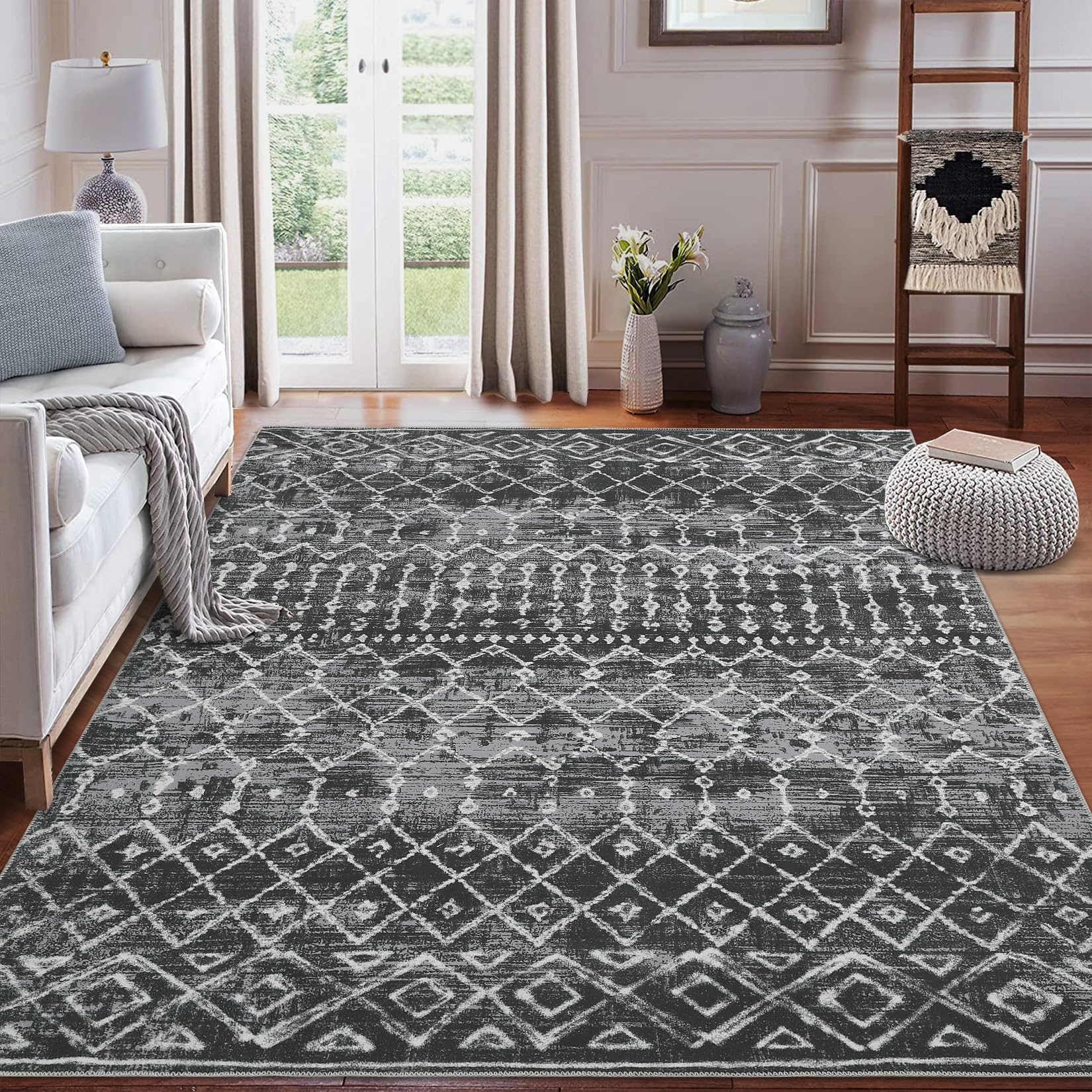 ROYHOME Area Rug 5x7 Boho Distressed Machine Washable Modern Geometric Moroccan Carpet Rug Stain Resistant Non-Slip Accent Rug Coffee Table Rug Farmhouse Dining Office Bedroom Decor, Black