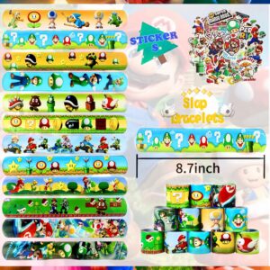 Mario Party Favors,98Pcs Mario Birthday Party Supplies include Goodie Bags,Felt Masks,Stamps,Slap Bracelets,Stickers,Classroom Rewards,Carnival Prizes,Party Activities,Themed Goodie Bags Stuffers