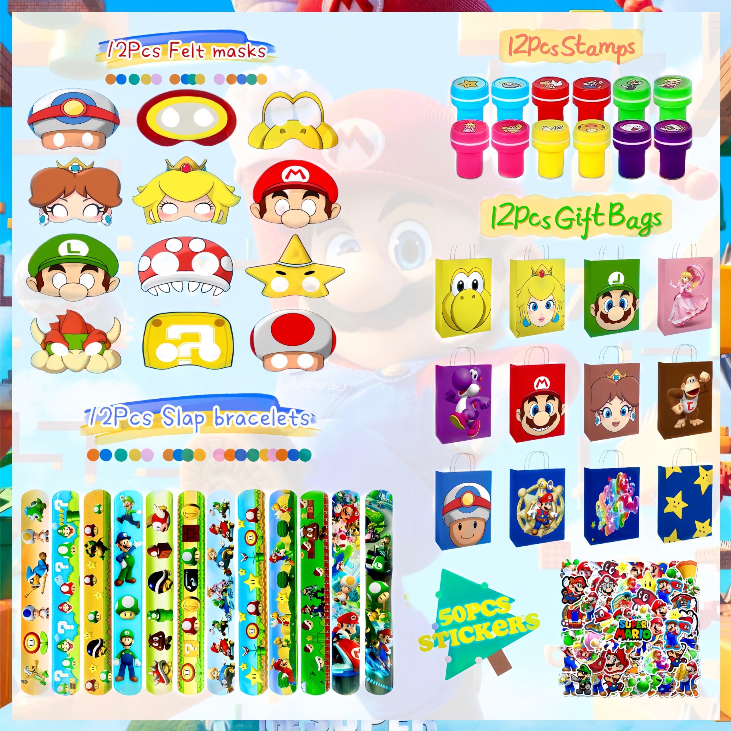 Mario Party Favors,98Pcs Mario Birthday Party Supplies include Goodie Bags,Felt Masks,Stamps,Slap Bracelets,Stickers,Classroom Rewards,Carnival Prizes,Party Activities,Themed Goodie Bags Stuffers