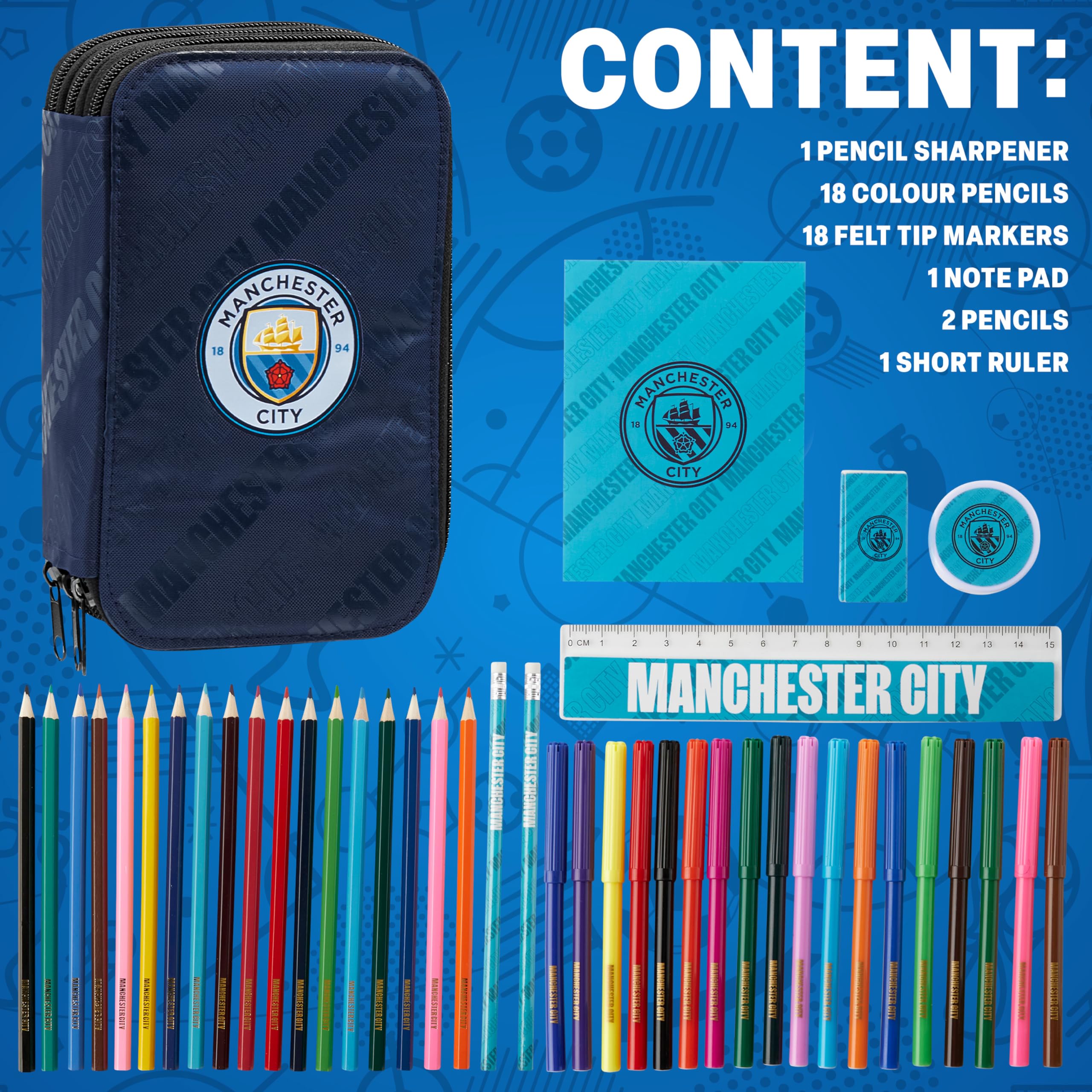 Manchester City F.C. Filled Pencil Case Colouring Stationery Set School Supplies, Navy