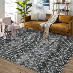 royhome area rug 5x7 boho distressed machine washable modern geometric moroccan carpet rug stain resistant non-slip accent rug coffee table rug farmhouse dining office bedroom decor, black