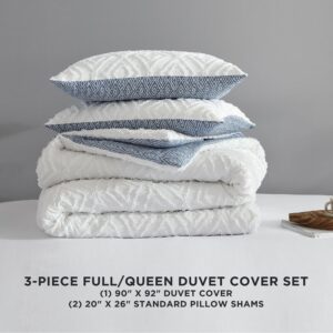 French Connection Full/Queen Hanwell Clipped Jacquard Duvet Cover Set - White Geometric 3-Piece Machine Washable Reversible Blue Bedding Duvet Cover and Sham Set