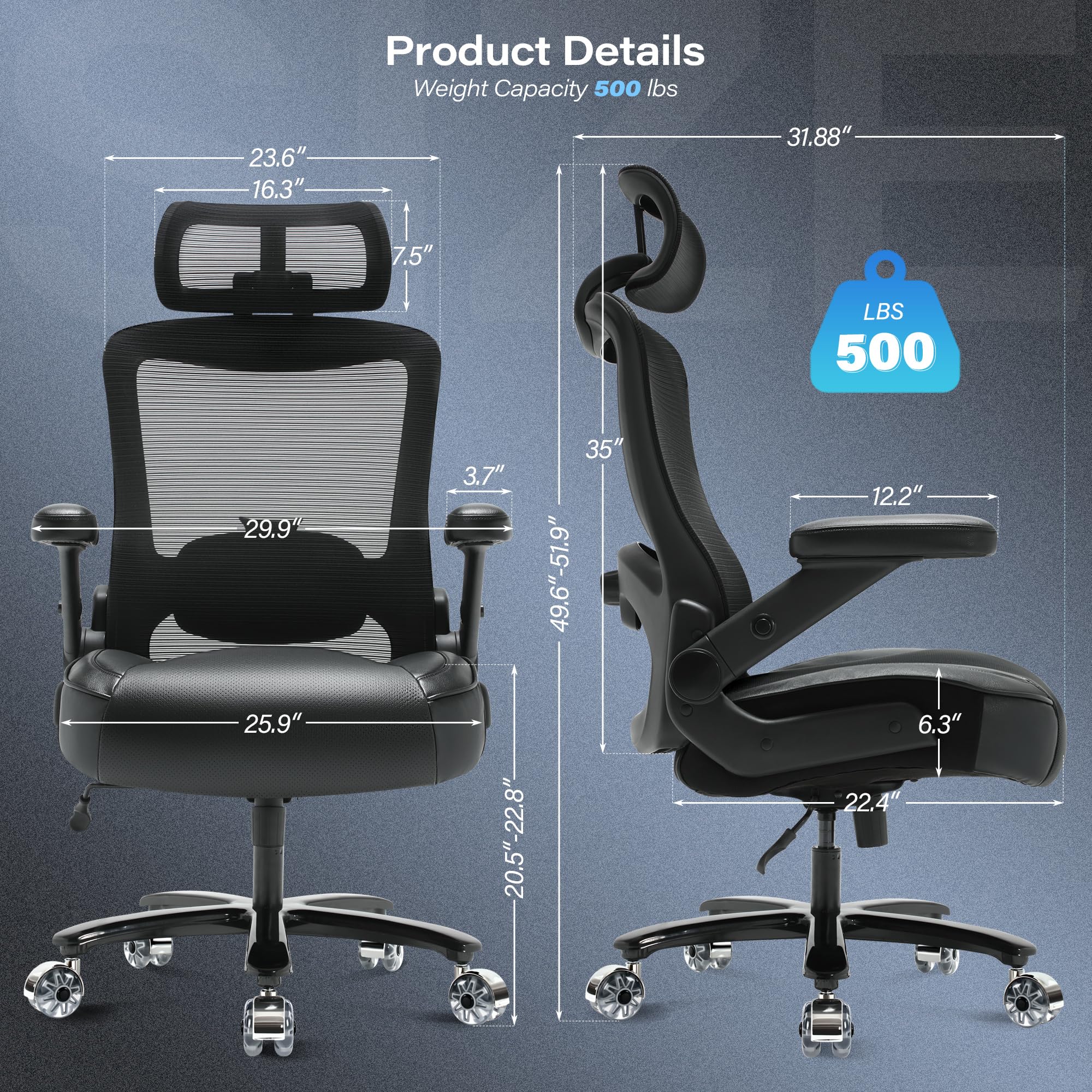 Big and Tall Office Chair 500lbs- Ergonomic Mesh Desk Chair with Adjustable Lumbar Support Headrest 3D Flip Up Arms Metal Base- High Back Large Executive Computer Office Chair, Extra Wide Seat, Black