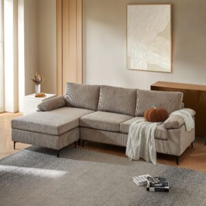 hooowooo corduroy sectional couch,100" l shaped sofa with left facing chaise,modern comfy deep seat couch for living room office small space,camel brown