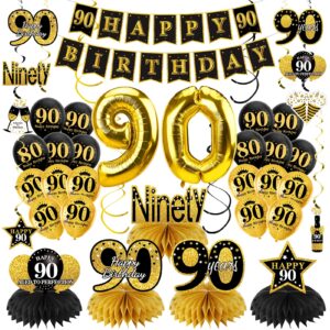 turypaty 36pcs 90th birthday decorations kit for men women, black gold happy 90 birthday banner balloons honeycomb centerpiece hanging swirl party supplies, ninety year old bday table topper decor