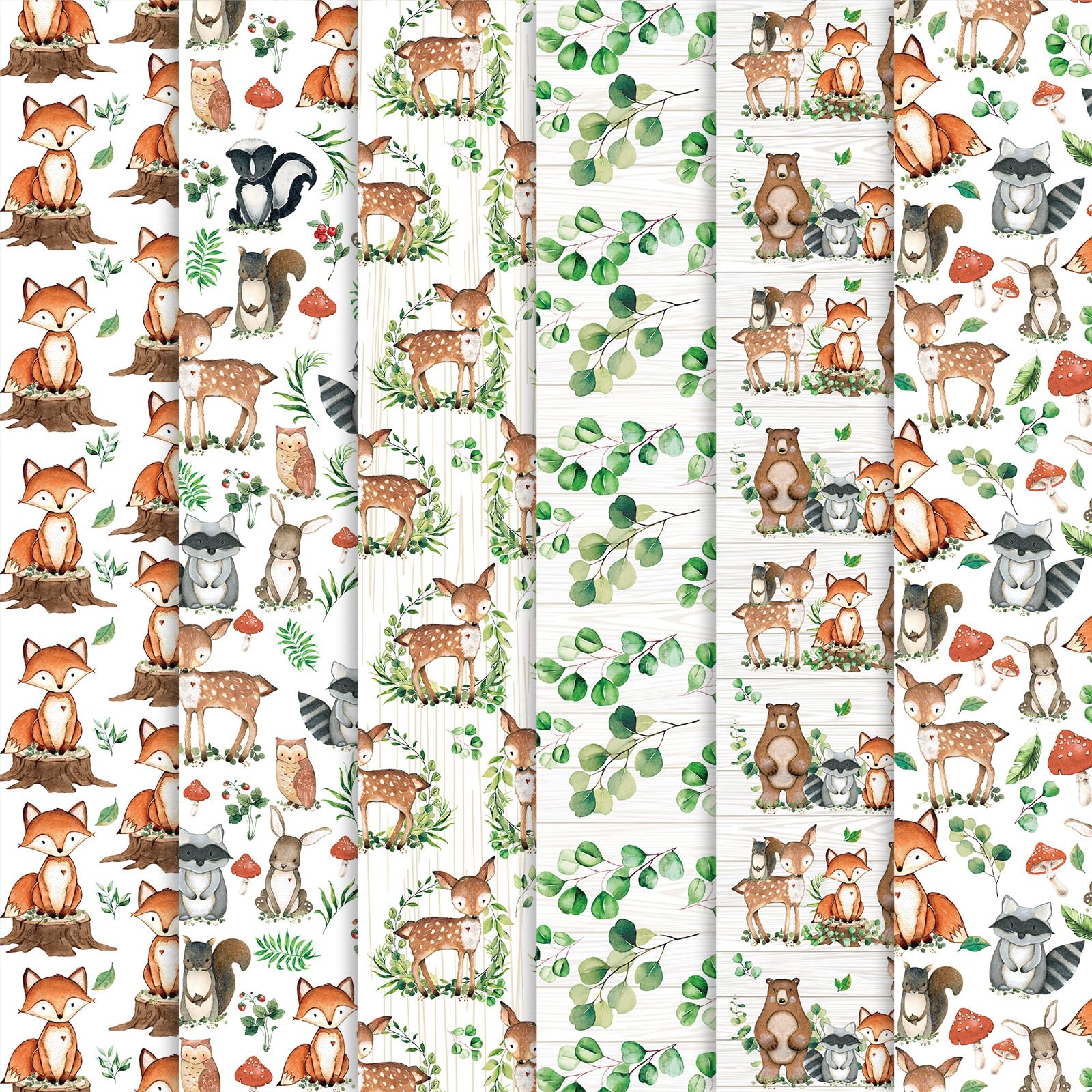 Whaline 6Pcs Woodland Cotton Fabric Bundles Woodland Animal Eucalyptus Printed Fat Quarters Sewing Fabrics for DIY Handmade Crafting, 18 x 22 Inch