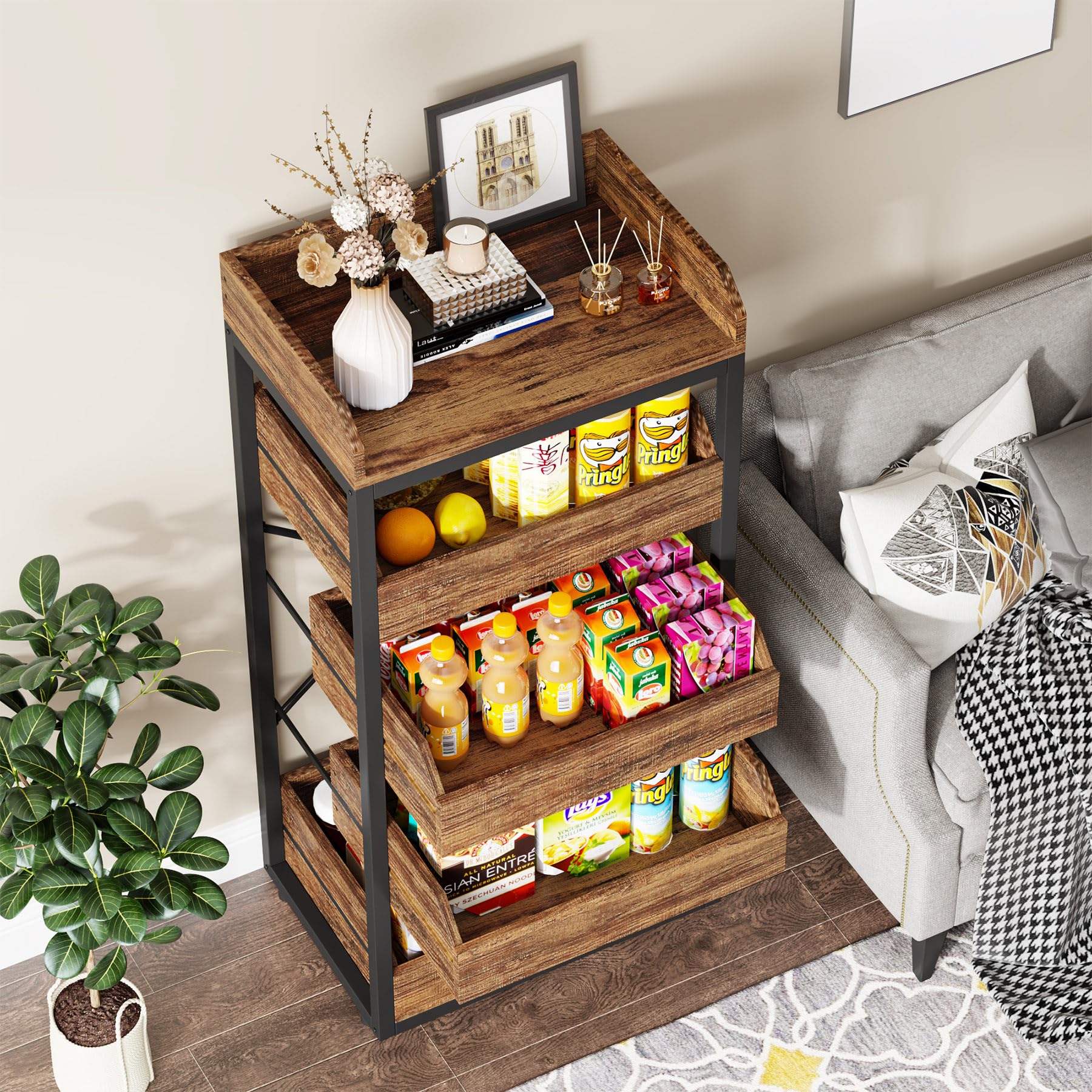 Tribesigns Wood Fruit and Vegetable Storage Rack, 5-Tier Pull-Out Snack Stand Fruit Basket Stand, Utility Shelf Organizer for Kitchen, Living Room, Bedroom, Rustic Brown