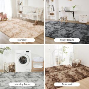 Litanika 4x6 Shag Area Rug for Living Room Bedroom, Tie-Dyed Beige Fluffy Shaggy Fuzzy Nursery Kids Girls Boys Room Rug, Cream Soft Plush Furry Bedside Carpet, Non-Slip, Non-Shedding Indoor Floor Rug