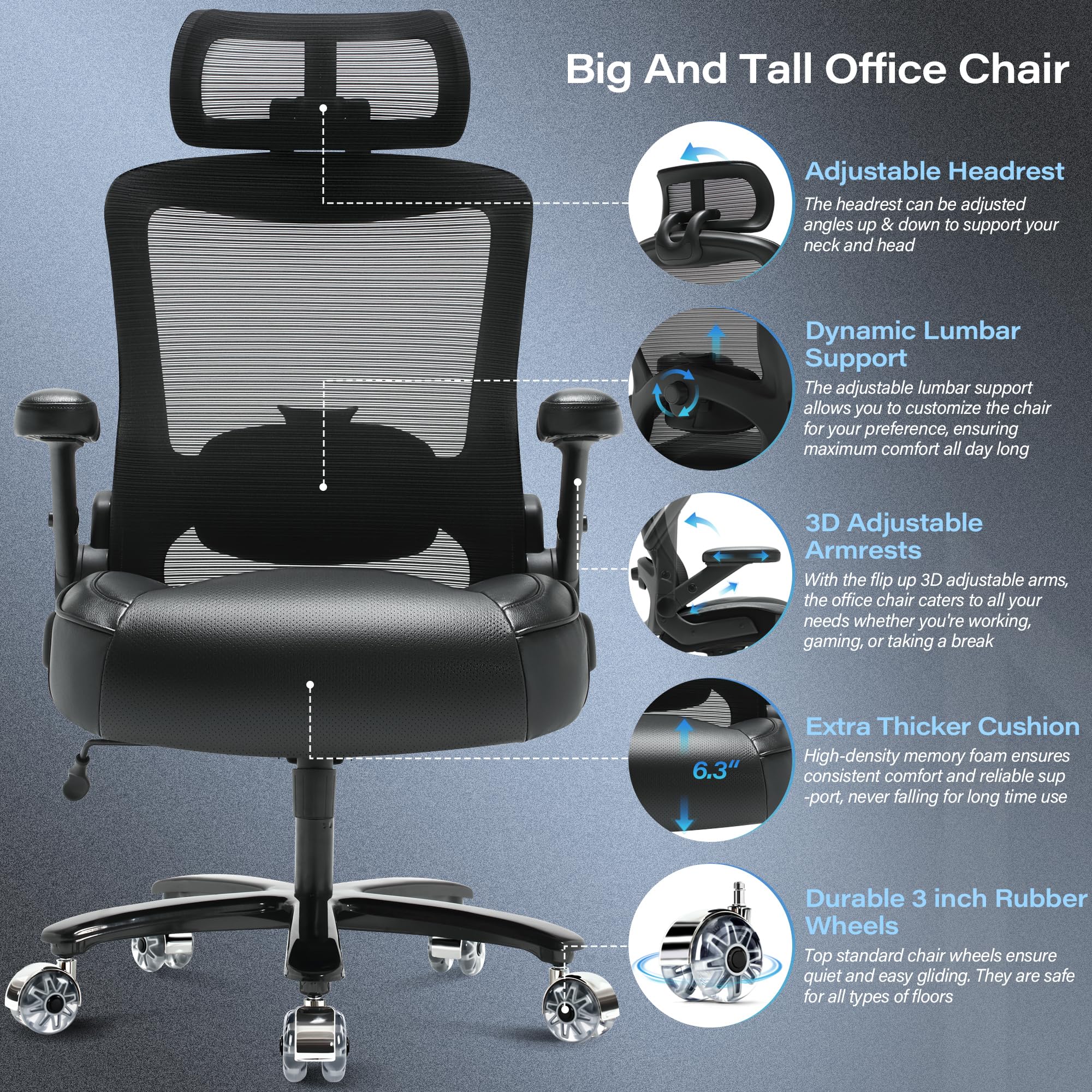 Big and Tall Office Chair 500lbs- Ergonomic Mesh Desk Chair with Adjustable Lumbar Support Headrest 3D Flip Up Arms Metal Base- High Back Large Executive Computer Office Chair, Extra Wide Seat, Black