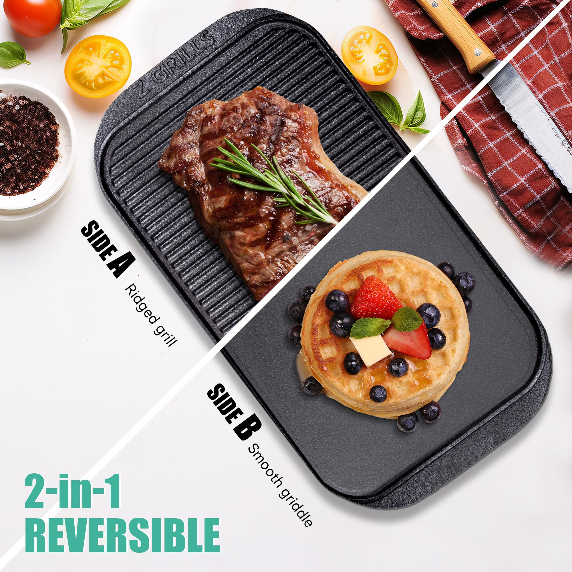 Z GRILLS Cast Iron Griddle 2-in-1 Reversible Grill Pan, Ideal for Gas Stovetop, Campfire, and Oven Cooking, Lightly Pre-Seasoned for Enhanced Flavor, 20-inch