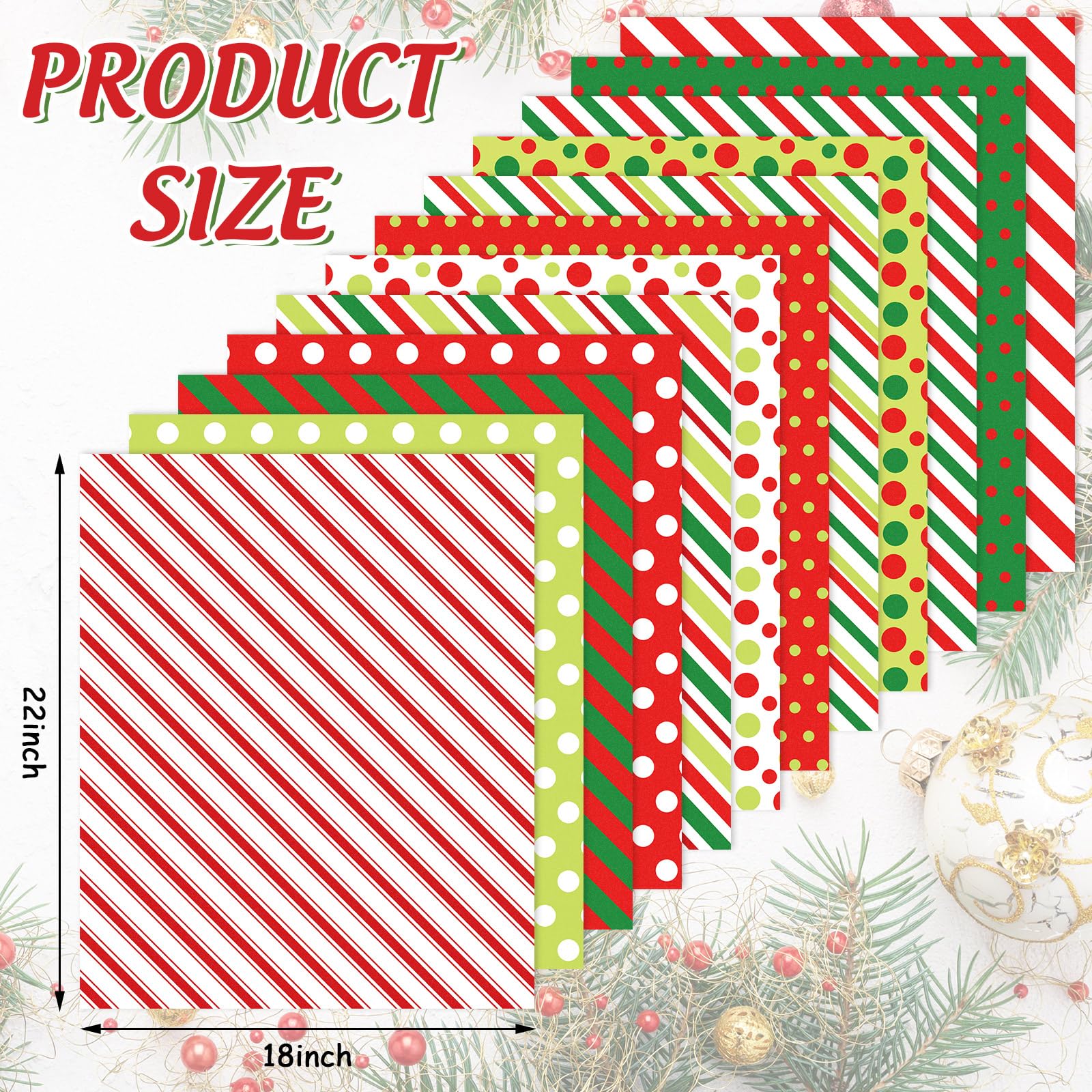 Whaline 12Pcs Christmas Cotton Fabric Bundles Red Green Stripe Dot Printed Fat Quarters Xmas Sewing Fabrics for DIY Handmade Crafting, 18 x 22 Inch