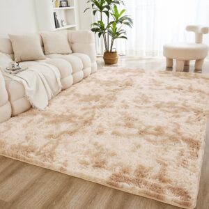 litanika 4x6 shag area rug for living room bedroom, tie-dyed beige fluffy shaggy fuzzy nursery kids girls boys room rug, cream soft plush furry bedside carpet, non-slip, non-shedding indoor floor rug