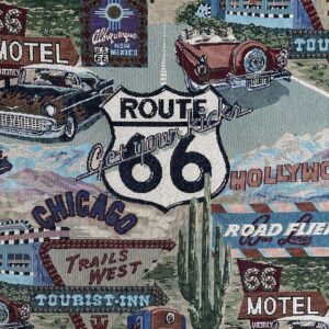 FABRIC EMPIRE - Classic Retro Route 66 Inspired Tapestry Fabric, Motel, Diner, Gas Station Theme - 56" W, Sold by The Continuous Yard, Tote Bags, Accent Pillows, Upholstery (Large, Route 66 Logo)