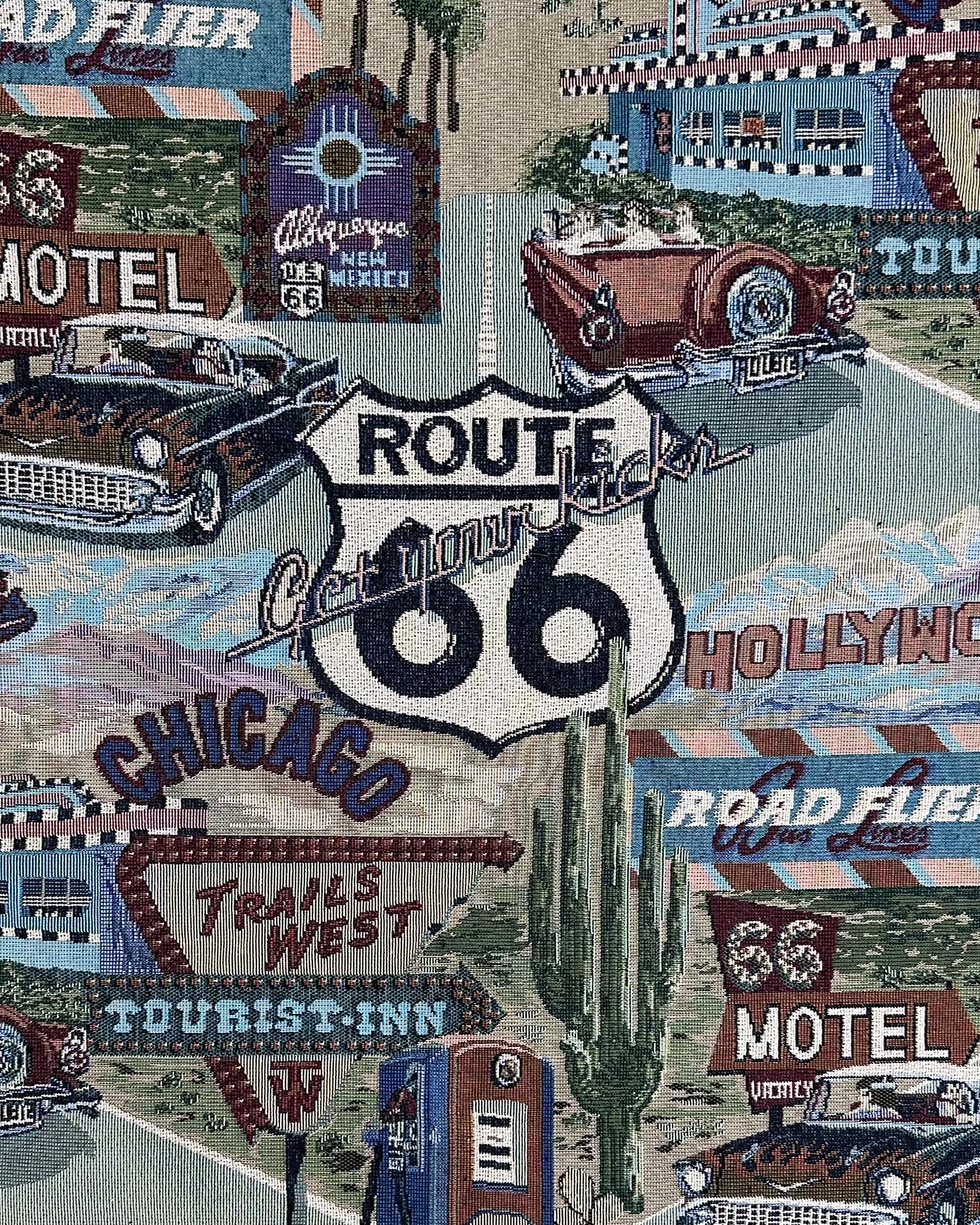 FABRIC EMPIRE - Classic Retro Route 66 Inspired Tapestry Fabric, Motel, Diner, Gas Station Theme - 56" W, Sold by The Continuous Yard, Tote Bags, Accent Pillows, Upholstery (Large, Route 66 Logo)