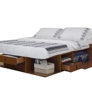 memomad Bali Slim Set: Storage Platform Bed with Drawers + Flat Panel Headboard (Queen Size, Caramel Brown Wood)