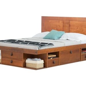 memomad Bali Slim Set: Storage Platform Bed with Drawers + Flat Panel Headboard (Queen Size, Caramel Brown Wood)