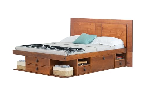 memomad Bali Slim Set: Storage Platform Bed with Drawers + Flat Panel Headboard (Queen Size, Caramel Brown Wood)