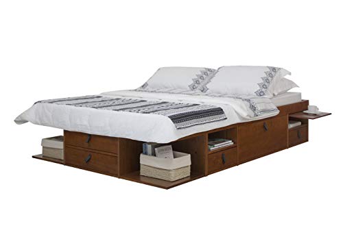 memomad Bali Slim Set: Storage Platform Bed with Drawers + Flat Panel Headboard (Queen Size, Caramel Brown Wood)