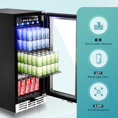 EUHOMY 15 Inch Beverage Refrigerator Cooler Under Counter 127 Cans Beverage Fridge Built-in or Freestanding with Glass Door, LED Light, Beer Fridge for Soda, Water, Wine - Home Kitchen Bar.