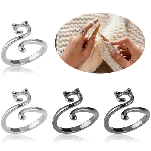 YUXIANLB 4pcs Knitting Crochet Loop Ring for Fingers Metal Open Yarn Guide Crochet Rings Adjustable Braided Faster Knitting Thimbles Holders Accessories for Crochet Mother Grandma Gifts (Cat Style)