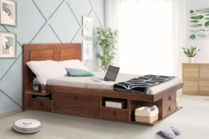 memomad bali slim set: storage platform bed with drawers + flat panel headboard (queen size, caramel brown wood)