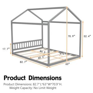 LostCat Queen Size Kids House Bed Frame with Headboard, Wooden Montessori Floor Bed Kids Bed Frame, House Platform Bed for Kids Boys Girls, Wooden Slat Support/No Box Spring Needed, Gray