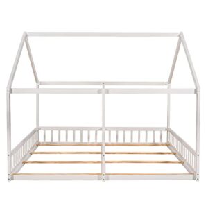 LostCat Wooden Kids Double Bed Frame, Two Shared Beds with Roof, 2 Twin Size House Platform Beds, House Platform Beds with Fence, Montessori Bed for Two Kids Teens Boys Girls, White